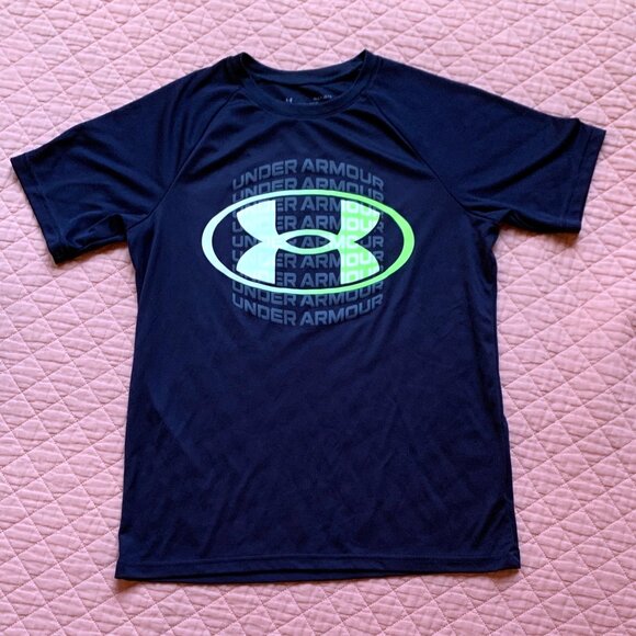 UNDER ARMOUR - Youth Loose Fit Logo T-Shirt  Tee Navy 7 Neon Yellow Youth Large - Picture 1 of 8